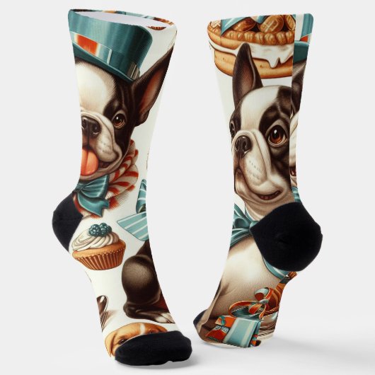 Retro Niedlich Boston Terrier Illustration Socken (Gewinkelt)