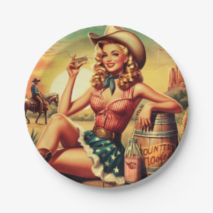 Retro Niedlich Cowgirl Pappteller