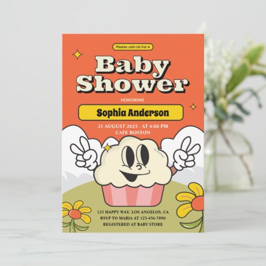 Retro Niedlich Cupcake Kinderdusche Einladung (Stehend Vorderseite)