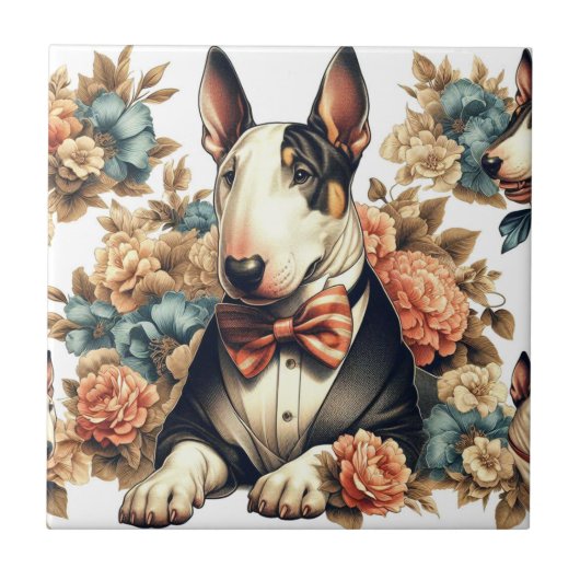 Retro Niedlich Floral Bull Terrier Fliese (Vorderseite)