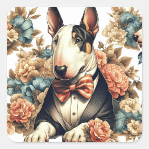 Retro Niedlich Floral Bull Terrier Quadratischer Aufkleber