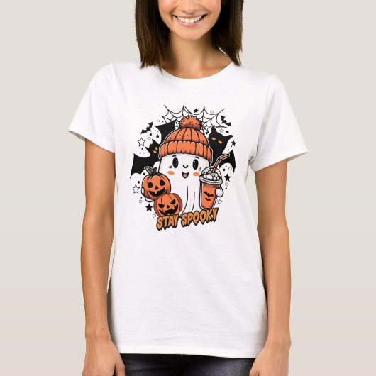 Retro Niedlich Ghost Coffee Pumpkin Spooky T-Shirt (Vorderseite)