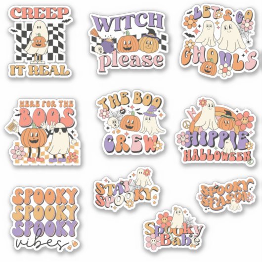 Retro Niedlich Ghosts Halloween Sticker Pack (Vorderseite)