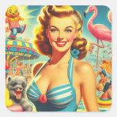 Retro Niedlich Kitsch Girl Quadratischer Aufkleber (Vorderseite)