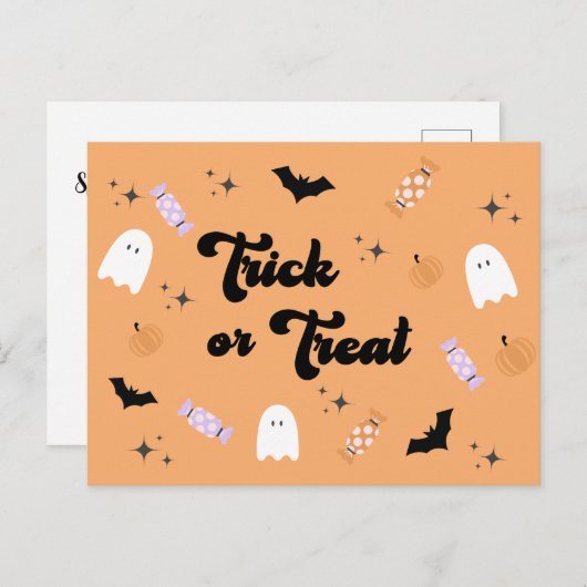 Retro Niedlich Trick oder Treat Halloween Postkarte (Vorne/Hinten)