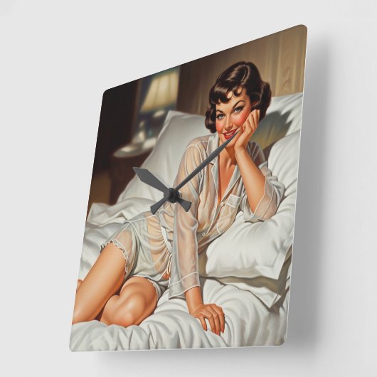 Retro Niedliche Frau '50 Button-up Quadratische Wanduhr (Winkel)