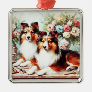 Retro Niedliche Hunde Ölgemälde Ornament Aus Metall