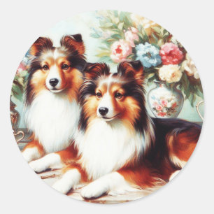 Retro Niedliche Hunde Ölgemälde Runder Aufkleber