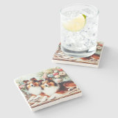 Retro Niedliche Hunde Ölgemälde Steinuntersetzer (Seitenansicht)