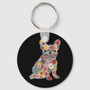 Retro Niedlicher französischer Bulldog floral Hund Schlüsselanhänger