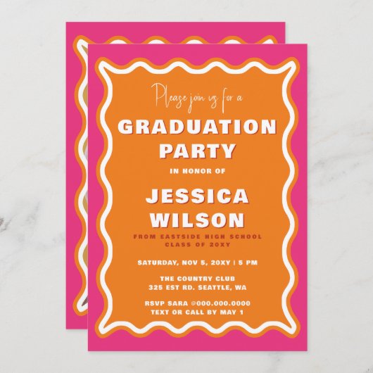 Retro Niedlicher Wavy Pink Orange Foto Abschluss Einladung (Vorne/Hinten)