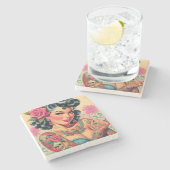 Retro Niedliches tattooides Button Steinuntersetzer (Seitenansicht)