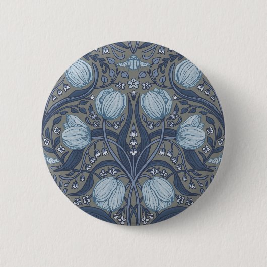 Retro Nouveau Tulips in blue and pewter Button (Vorderseite)