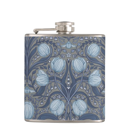 Retro Nouveau Tulips in blue and pewter Flachmann (Vorderseite)