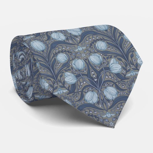 Retro Nouveau Tulips in blue and pewter Krawatte (Gerollt)