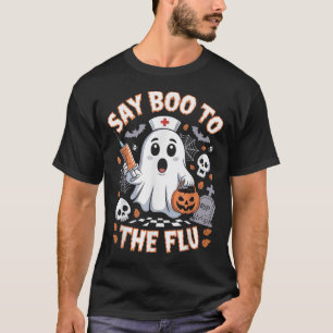 Retro Nurse Ghost Halloween Impfstoff sagen Boo zu T-Shirt