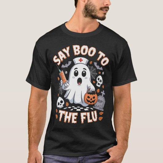 Retro Nurse Ghost Halloween Impfstoff sagen Boo zu T-Shirt (Vorderseite)