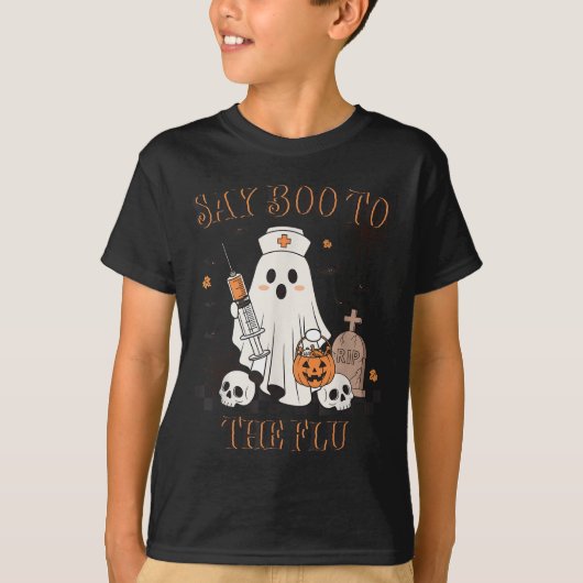 Retro Nurse Ghost Halloween Impfstoff sagen Boo zu T-Shirt (Vorderseite)