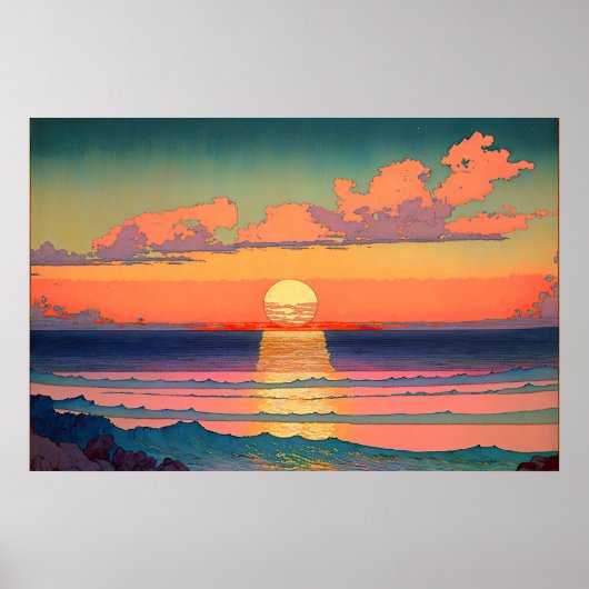 Retro Ocean Sunset Illustration Kunst Poster (Vorne)