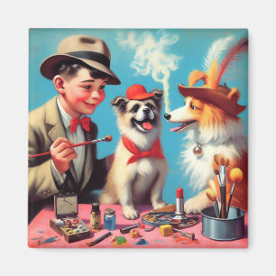 Retro Oil Painting Happy Hunde Magnet