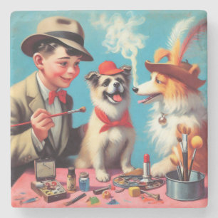 Retro Oil Painting Happy Hunde Steinuntersetzer