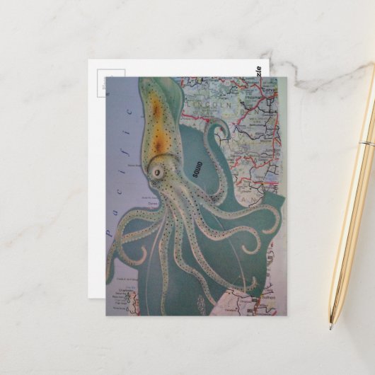 Retro-Oktopus und Karten-Collage Postkarte (Vorderseite/Rückseite Beispiel)