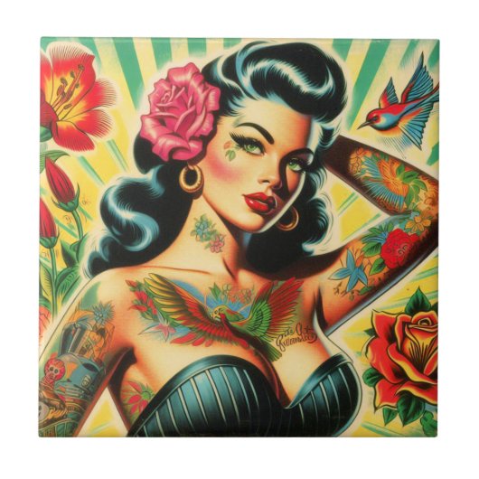Retro Old School Tattoo Pinup Fliese (Vorderseite)