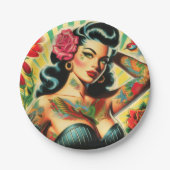 Retro Old School Tattoo Pinup Pappteller (Vorderseite)
