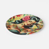 Retro Old School Tattoo Pinup Pappteller (Schrägansicht)