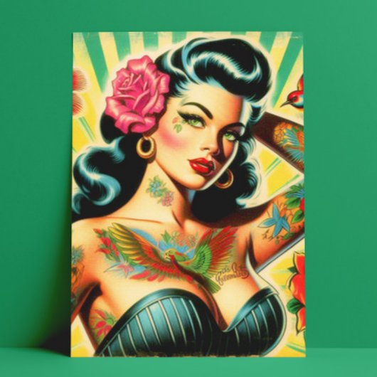 Retro Old School Tattoo Pinup Postkarte