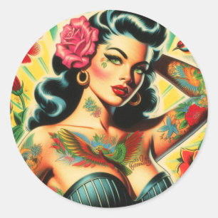 Retro Old School Tattoo Pinup Runder Aufkleber
