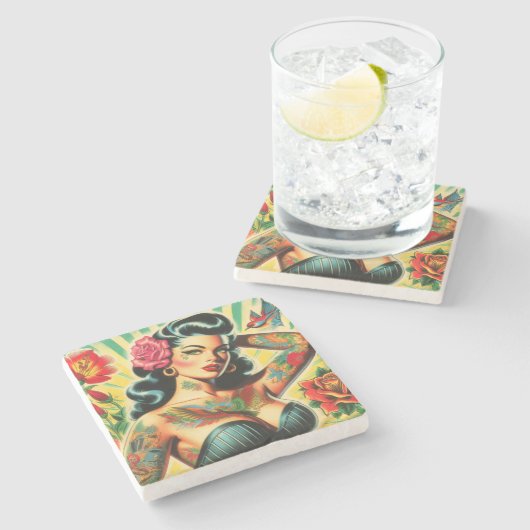 Retro Old School Tattoo Pinup Steinuntersetzer (Seitenansicht)