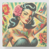 Retro Old School Tattoo Pinup Steinuntersetzer (Vorderseite)