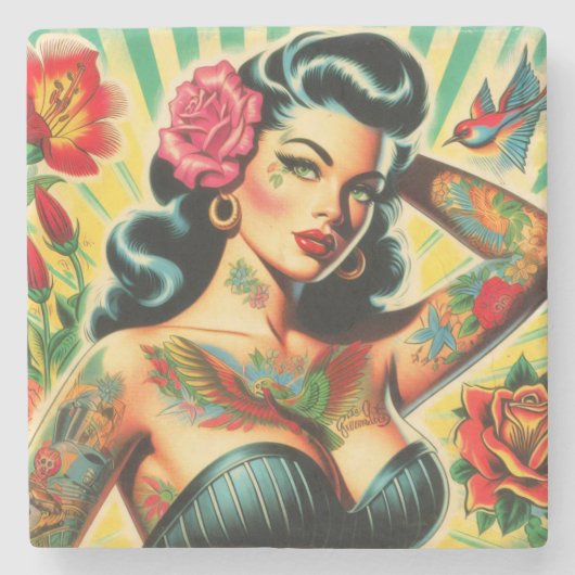 Retro Old School Tattoo Pinup Steinuntersetzer (Vorderseite)