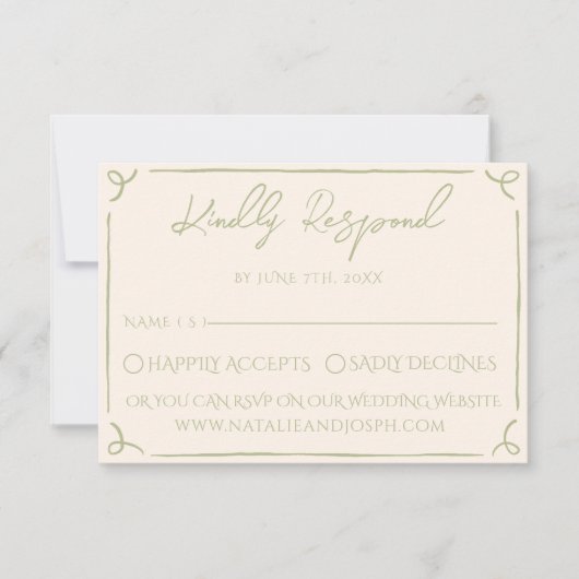 Retro Olive Green Hand Written Drawn Wedding RSVP Karte (Vorderseite)