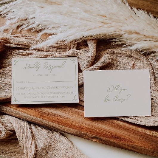 Retro Olive Green Hand Written Drawn Wedding RSVP Karte