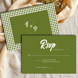 Retro Olive green Minimalist Checkered Wedding RSVP Karte