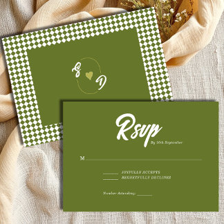 Retro Olive green Minimalist Checkered Wedding RSVP Karte