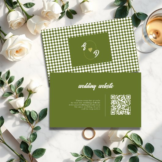 Retro Olive green QR code Checkered Wedding Begleitkarte