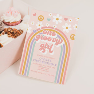 Retro One Groovy Girl Regenbogen 1. Geburtstag Einladung