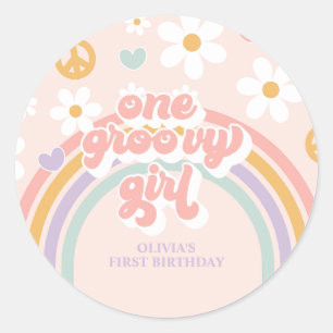 Retro One Groovy Girl Regenbogen 1. Geburtstag Runder Aufkleber