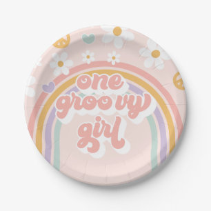 Retro One Groovy Girl Regenbogen-Geburtstag Pappteller
