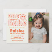 Retro One Happy Babe Foto erster Geburtstag Einladung (Vorderseite)