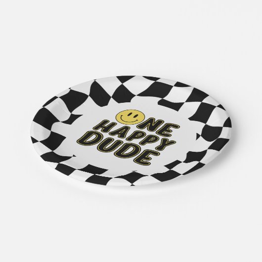 Retro One Happy Dude First Birthday Party Pappteller (Schrägansicht)