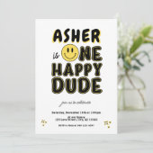 Retro One Happy Dude Happy Face first Birthday Einladung (Stehend Vorderseite)