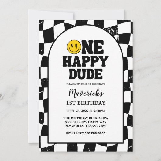Retro One Happy Dude Smile Face Boy 1st Birthday Einladung (Vorderseite)