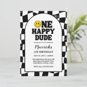 Retro One Happy Dude Smile Face Boy 1st Birthday Einladung (Stehend Vorderseite)