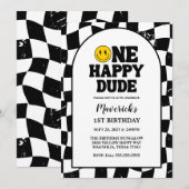 Retro One Happy Dude Smile Face Boy 1st Birthday Einladung (Vorne/Hinten)