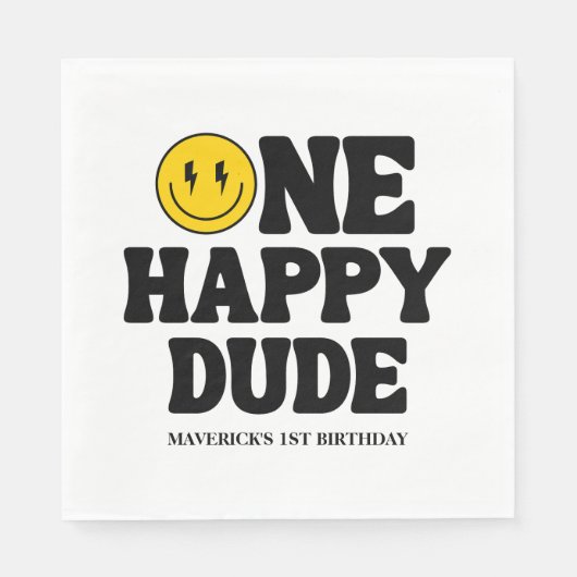 Retro One Happy Dude Smile Face Boy 1st Birthday Serviette (Vorderseite)