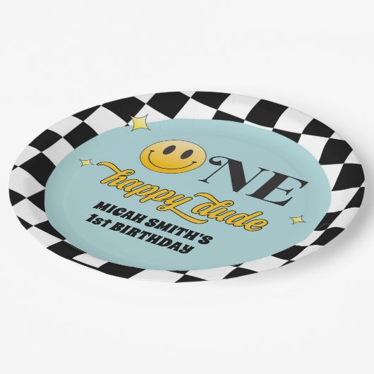 Retro One Happy Typ Birthday Paper Plate Pappteller (Schrägansicht)